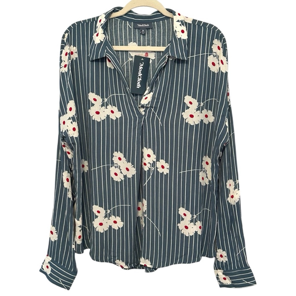 ModCloth NWT Women's Blue Floral Striped long Sleeve V Neck Top Sz M‎